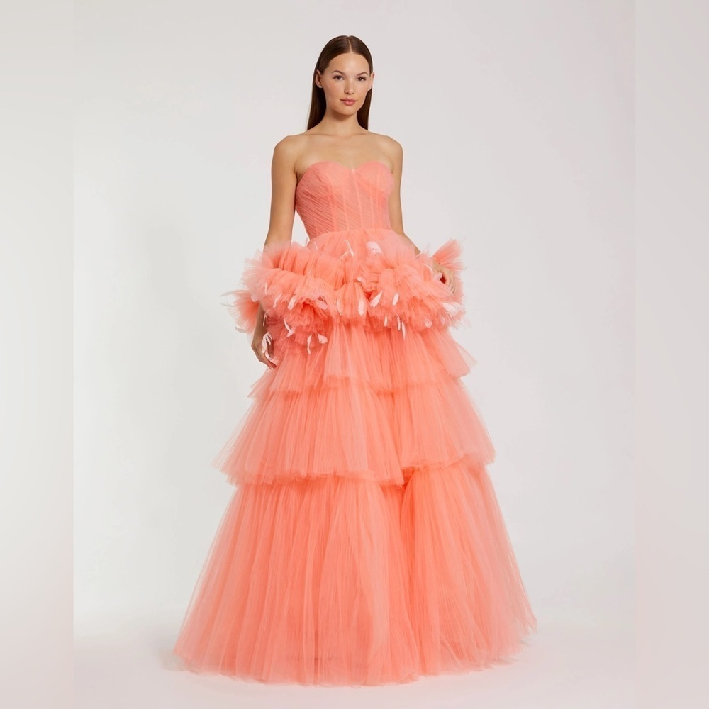 Mac Duggal 20572 NWT Coral Strapless Tulle Gown with Feather Detail